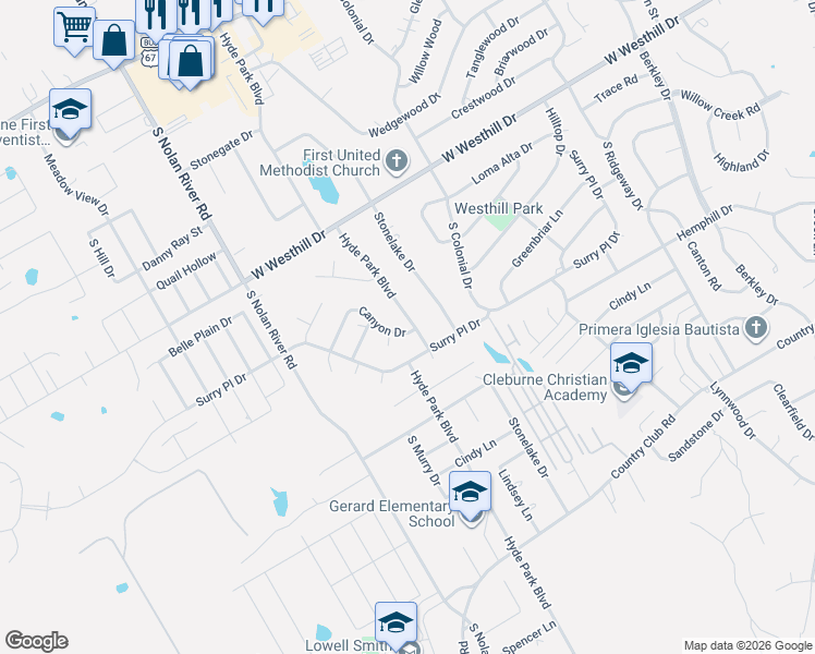 map of restaurants, bars, coffee shops, grocery stores, and more near 900 Canyon Drive in Cleburne