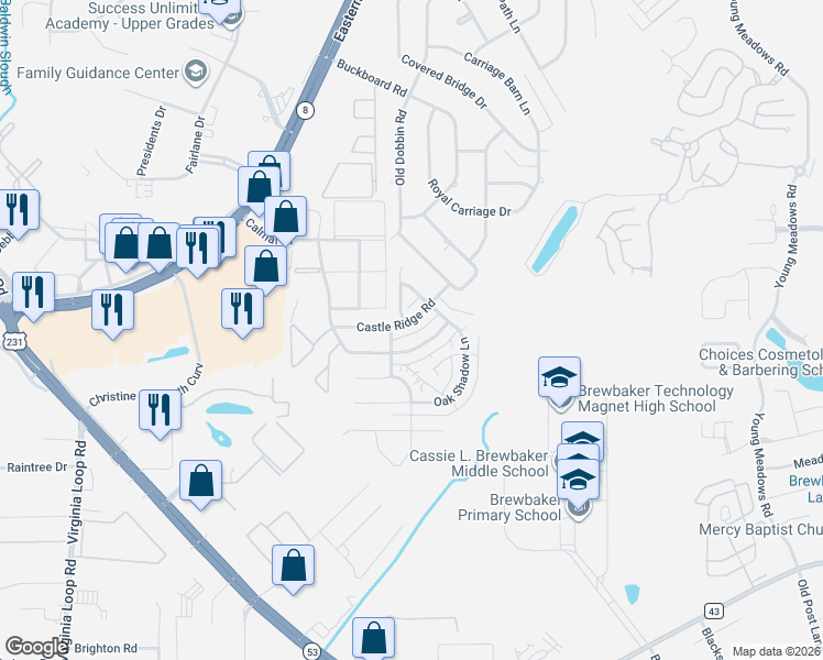 map of restaurants, bars, coffee shops, grocery stores, and more near 3531 Castle Ridge Road in Montgomery