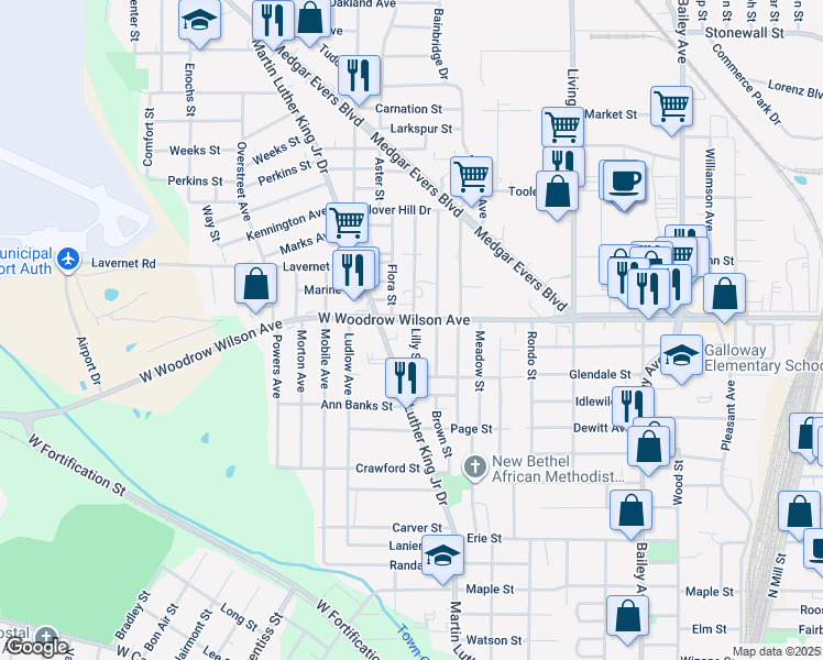 map of restaurants, bars, coffee shops, grocery stores, and more near 1013 W Woodrow Wilson Ave in Jackson