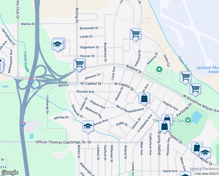 map of restaurants, bars, coffee shops, grocery stores, and more near 4117 West Capitol Street in Jackson