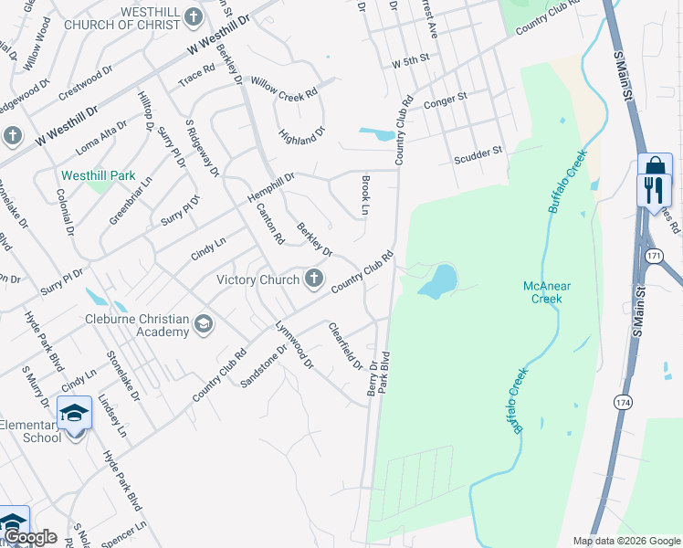 map of restaurants, bars, coffee shops, grocery stores, and more near 1006 Country Club Road in Cleburne