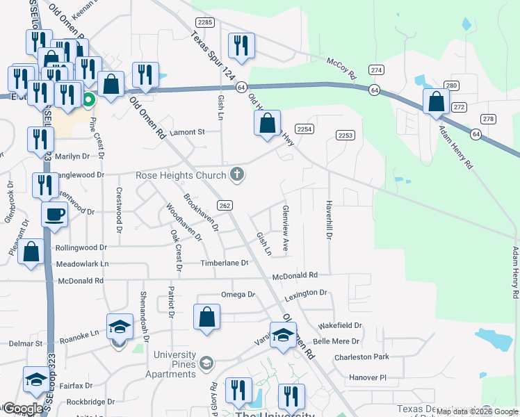 map of restaurants, bars, coffee shops, grocery stores, and more near 3516 Betts Street in Tyler