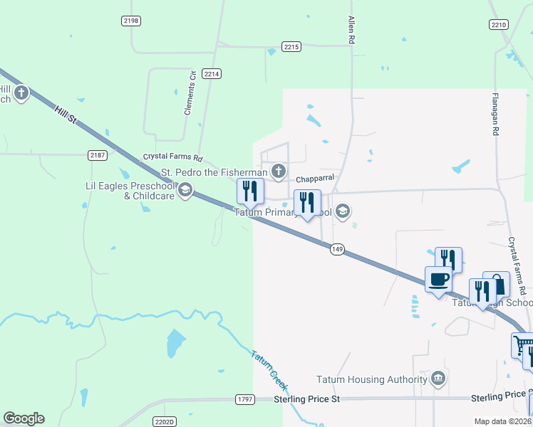 map of restaurants, bars, coffee shops, grocery stores, and more near 1430 Hill Street in Tatum