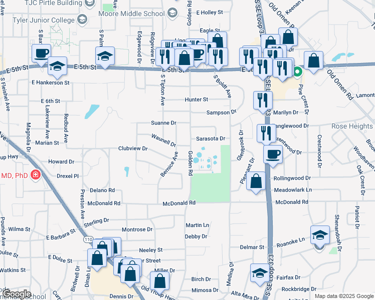 map of restaurants, bars, coffee shops, grocery stores, and more near 2119 Golden Road in Tyler