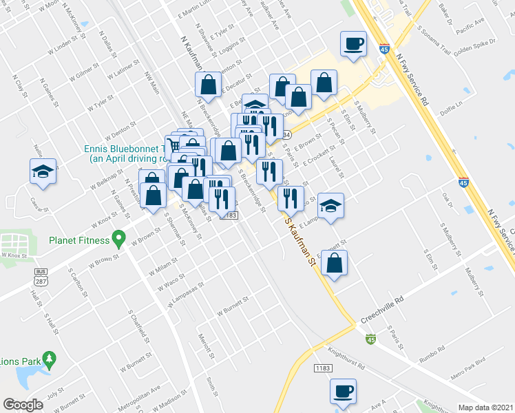 map of restaurants, bars, coffee shops, grocery stores, and more near 110 E Milam St in Ennis
