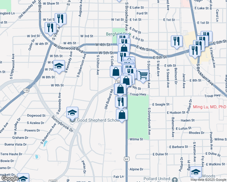 map of restaurants, bars, coffee shops, grocery stores, and more near 1992 Old Bullard Road in Tyler
