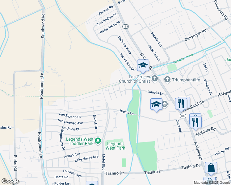 map of restaurants, bars, coffee shops, grocery stores, and more near 2100 Isaacks Lane in Las Cruces