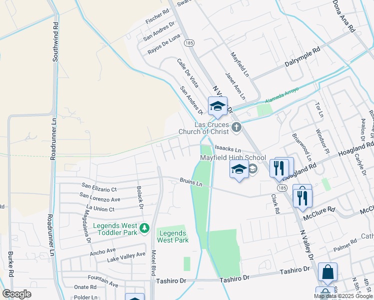 map of restaurants, bars, coffee shops, grocery stores, and more near 2100 Isaacks Lane in Las Cruces