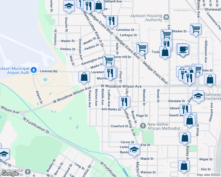 map of restaurants, bars, coffee shops, grocery stores, and more near 1049 West Woodrow Wilson Avenue in Jackson