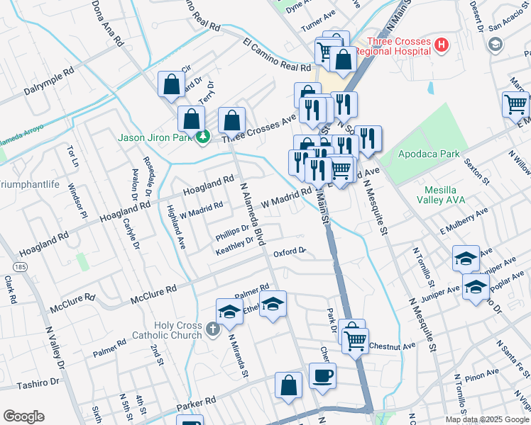 map of restaurants, bars, coffee shops, grocery stores, and more near 255 West Madrid Road in Las Cruces