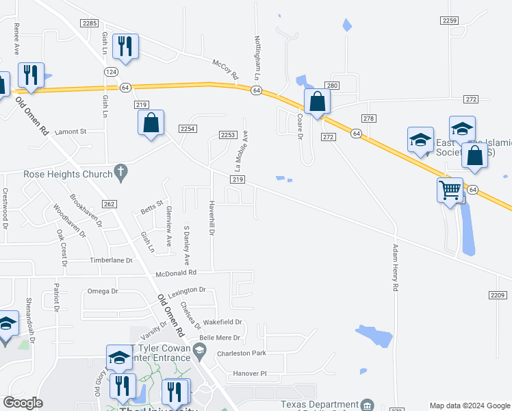 map of restaurants, bars, coffee shops, grocery stores, and more near 5000 County Road 219 in Tyler