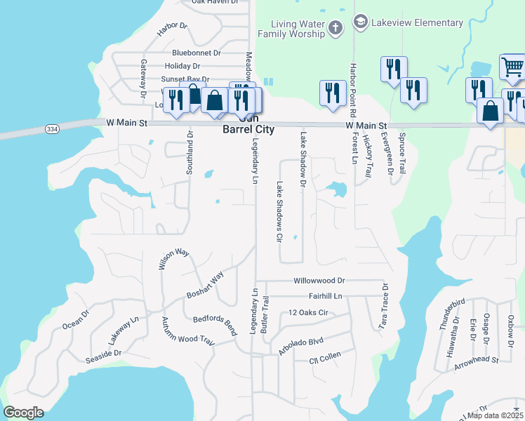 map of restaurants, bars, coffee shops, grocery stores, and more near 102 Lake Shadows Circle in Gun Barrel City