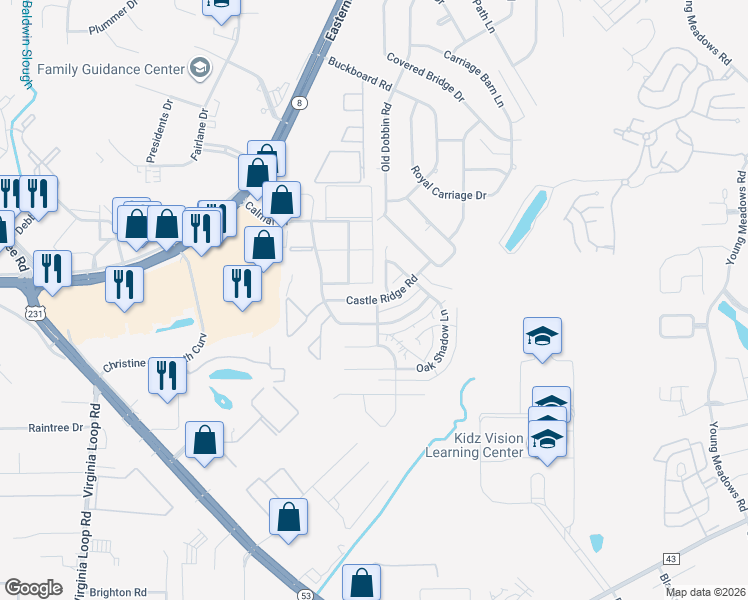 map of restaurants, bars, coffee shops, grocery stores, and more near Castle Ridge Road in Montgomery