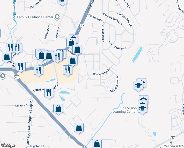map of restaurants, bars, coffee shops, grocery stores, and more near 3644 Castle Ridge Road in Montgomery