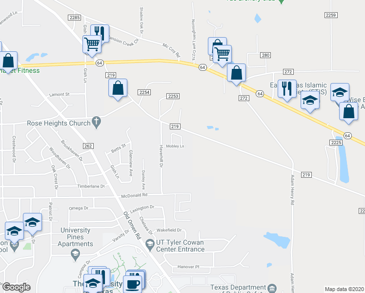 map of restaurants, bars, coffee shops, grocery stores, and more near 3980 Mobley Avenue in Tyler