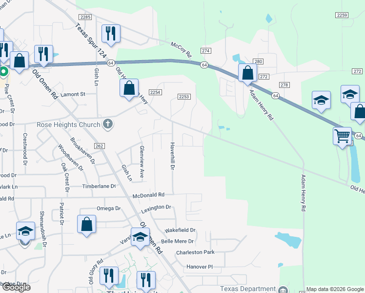 map of restaurants, bars, coffee shops, grocery stores, and more near 3941 Mobley Avenue in Tyler