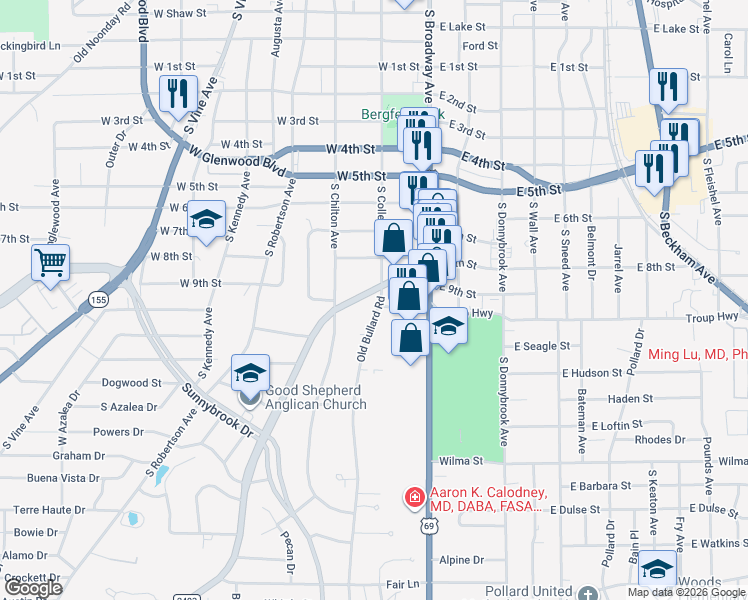 map of restaurants, bars, coffee shops, grocery stores, and more near 1992 Old Bullard Road in Tyler