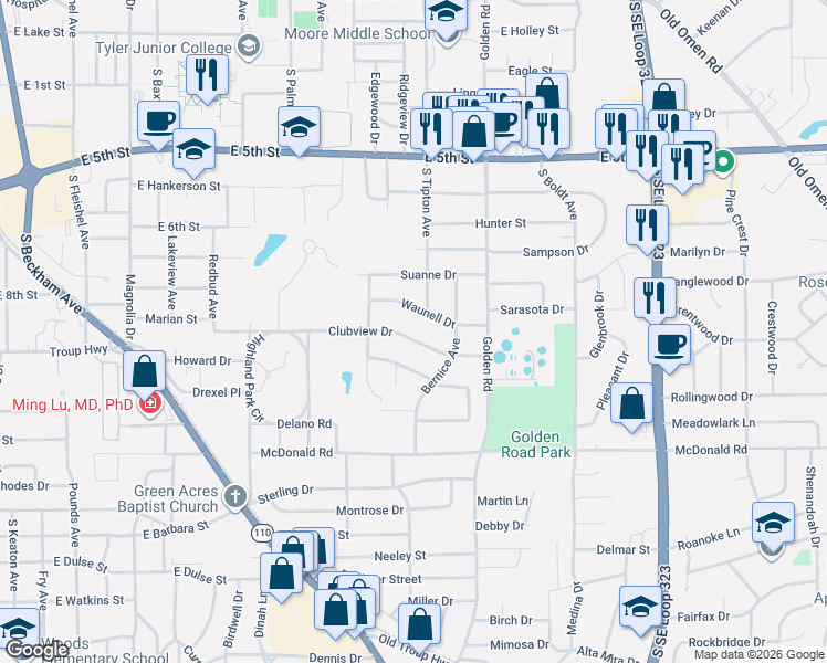 map of restaurants, bars, coffee shops, grocery stores, and more near 1924 Clubview Drive in Tyler