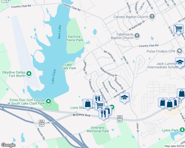 map of restaurants, bars, coffee shops, grocery stores, and more near 1106 Lakeway Dr in Ennis