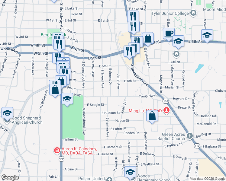 map of restaurants, bars, coffee shops, grocery stores, and more near 2116 Belmont Drive in Tyler