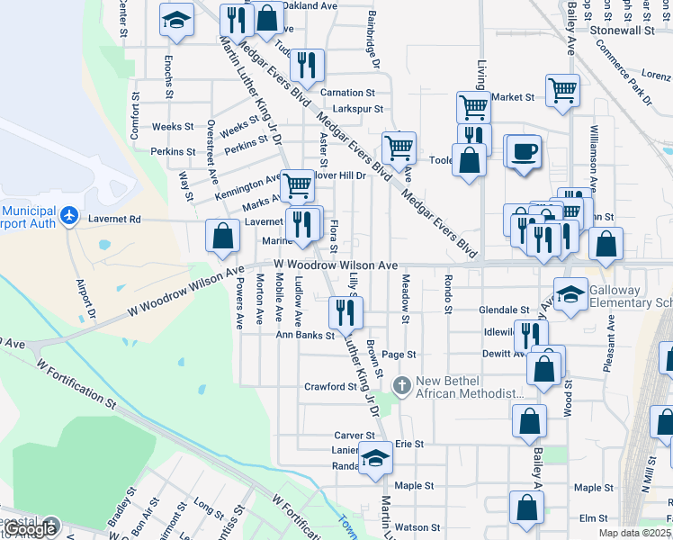 map of restaurants, bars, coffee shops, grocery stores, and more near 1013 W Woodrow Wilson Ave in Jackson