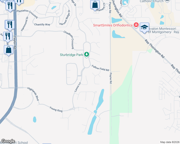map of restaurants, bars, coffee shops, grocery stores, and more near 8600 Willowbrook Court in Montgomery