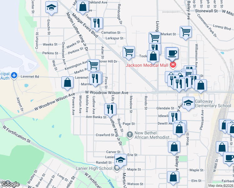 map of restaurants, bars, coffee shops, grocery stores, and more near 905 West Woodrow Wilson Avenue in Jackson
