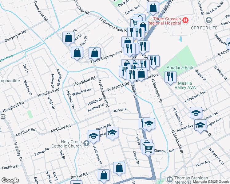 map of restaurants, bars, coffee shops, grocery stores, and more near 235 West Madrid Road in Las Cruces