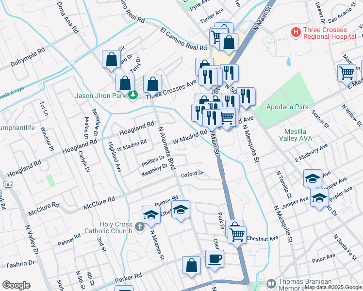 map of restaurants, bars, coffee shops, grocery stores, and more near 255 West Madrid Road in Las Cruces