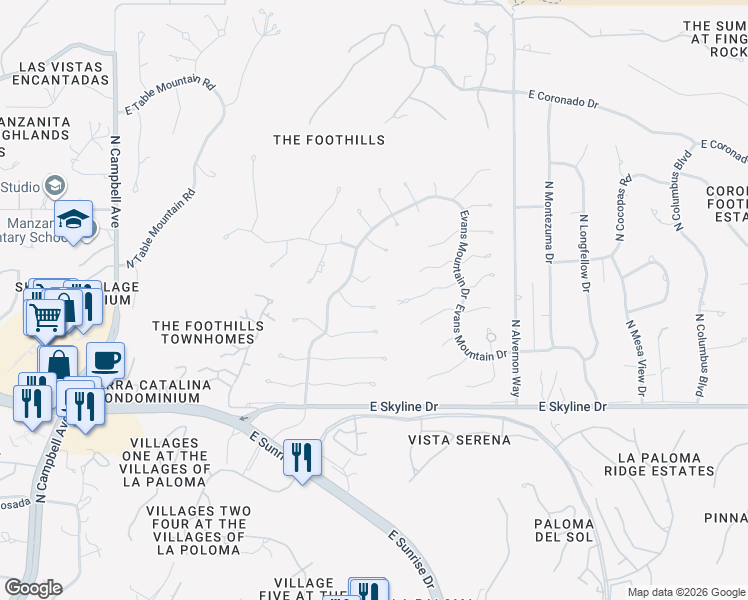 map of restaurants, bars, coffee shops, grocery stores, and more near 3577 East Lizard Rock Place in Tucson
