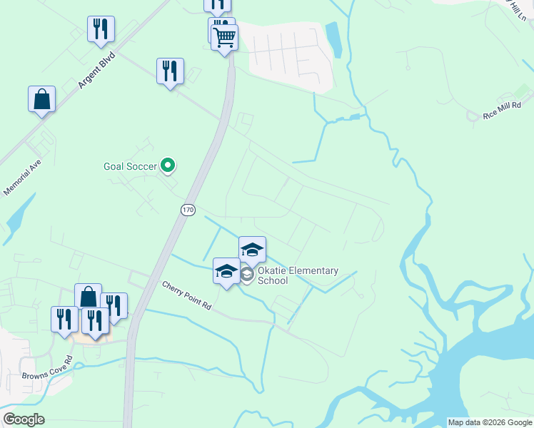 map of restaurants, bars, coffee shops, grocery stores, and more near 95 Pritcher Point Road in Okatie