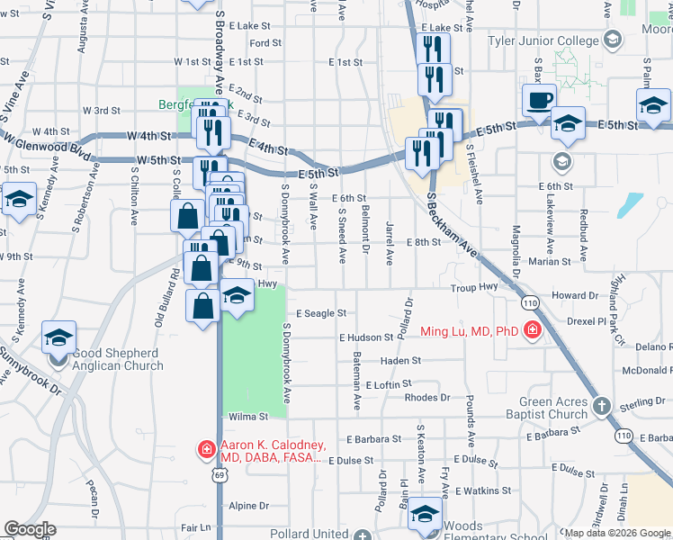 map of restaurants, bars, coffee shops, grocery stores, and more near 2127 South Sneed Avenue in Tyler