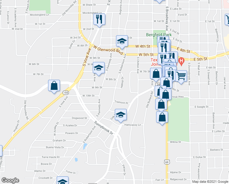 map of restaurants, bars, coffee shops, grocery stores, and more near 2100 South Robertson Avenue in Tyler
