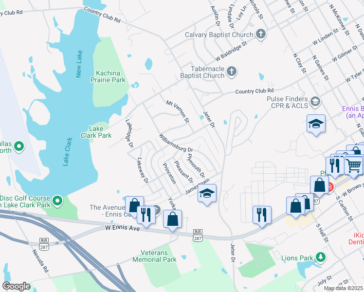map of restaurants, bars, coffee shops, grocery stores, and more near 904 Williamsburg Drive in Ennis