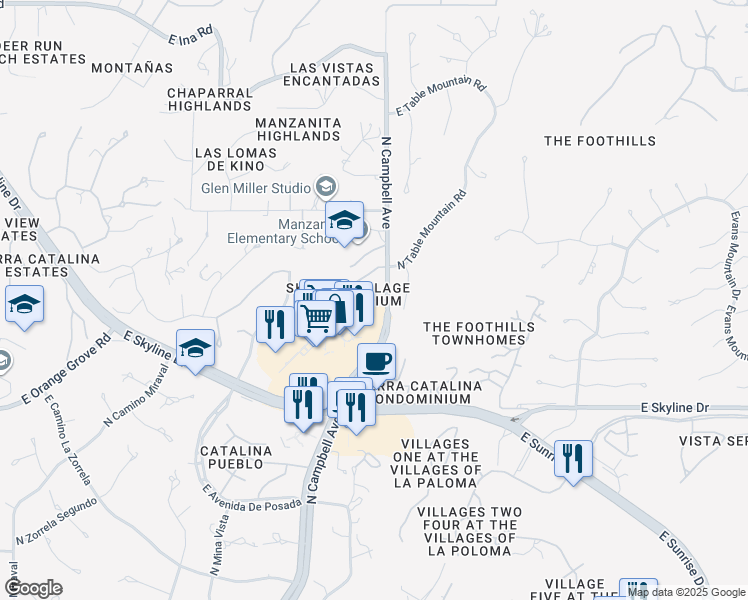 map of restaurants, bars, coffee shops, grocery stores, and more near 6651 North Campbell Avenue in Tucson