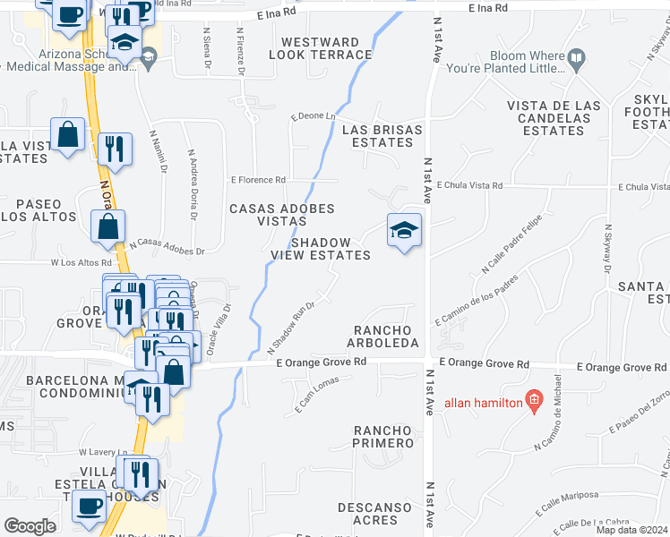 map of restaurants, bars, coffee shops, grocery stores, and more near 331 East Hidden Quail Drive in Tucson