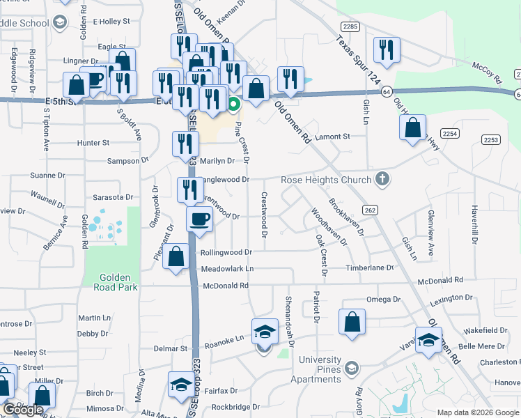 map of restaurants, bars, coffee shops, grocery stores, and more near 2109 Crestwood Dr in Tyler