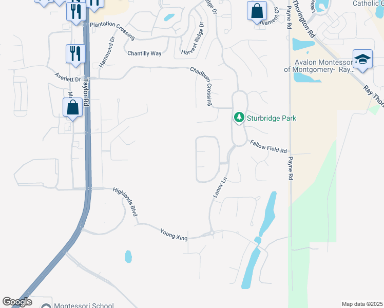map of restaurants, bars, coffee shops, grocery stores, and more near 8512 Rockbridge Circle in Montgomery
