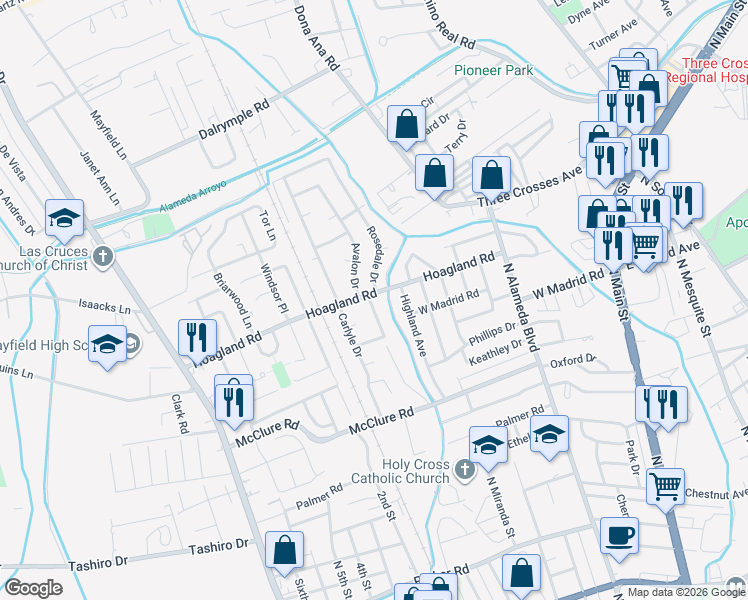 map of restaurants, bars, coffee shops, grocery stores, and more near 1950 Rosedale Drive in Las Cruces