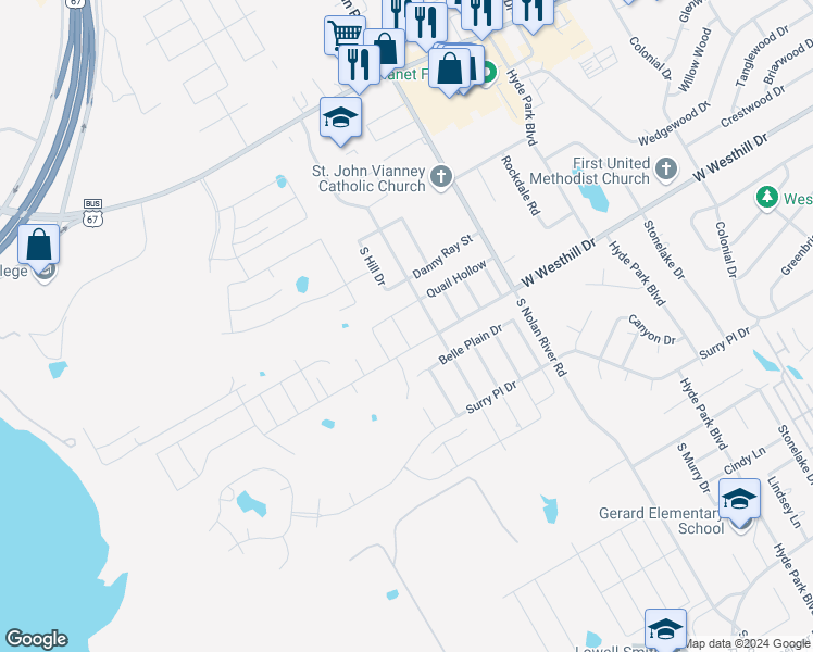 map of restaurants, bars, coffee shops, grocery stores, and more near 707 North Buffalo Street in Cleburne