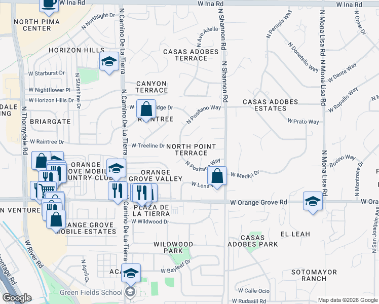 map of restaurants, bars, coffee shops, grocery stores, and more near 3051 West Tia Place in Tucson