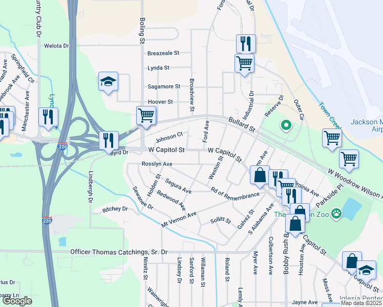 map of restaurants, bars, coffee shops, grocery stores, and more near 4117 West Capitol Street in Jackson