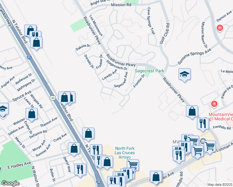 map of restaurants, bars, coffee shops, grocery stores, and more near 695 Windmill Court in Las Cruces
