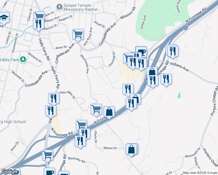 map of restaurants, bars, coffee shops, grocery stores, and more near 134 Autumn Drive in Vicksburg