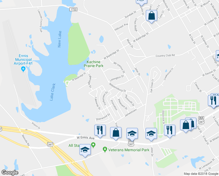 map of restaurants, bars, coffee shops, grocery stores, and more near 1802 Yorkstown Drive in Ennis