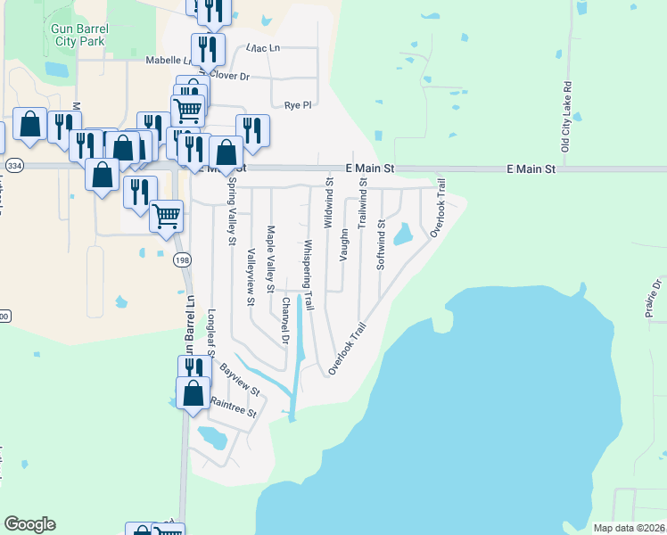map of restaurants, bars, coffee shops, grocery stores, and more near 240 Wildwind Street in Gun Barrel City