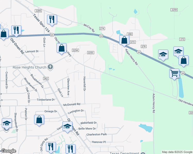 map of restaurants, bars, coffee shops, grocery stores, and more near 3962 Mobley Lane in Tyler