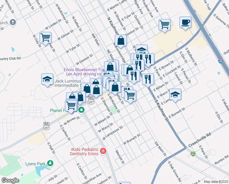 map of restaurants, bars, coffee shops, grocery stores, and more near 106 South McKinney Street in Ennis