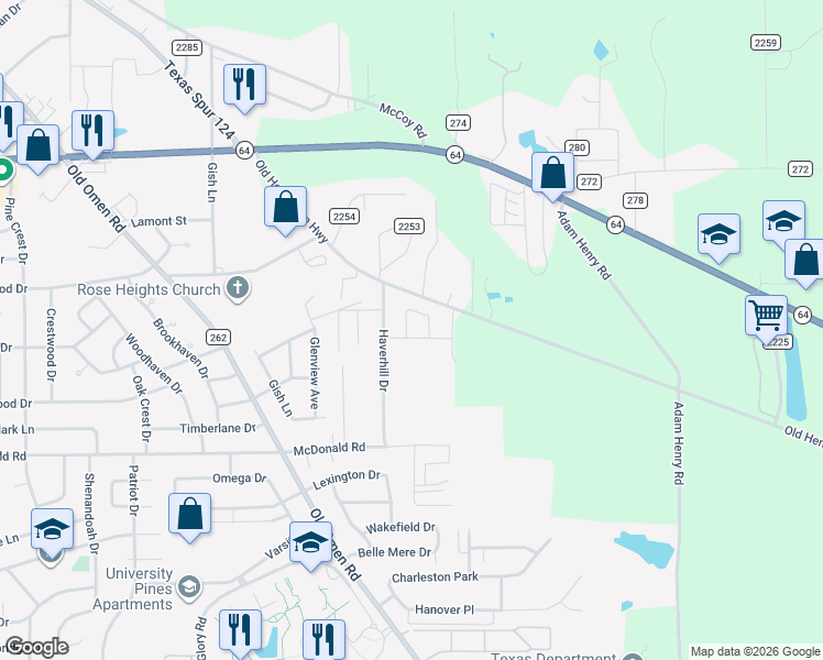 map of restaurants, bars, coffee shops, grocery stores, and more near 3962 Mobley Lane in Tyler