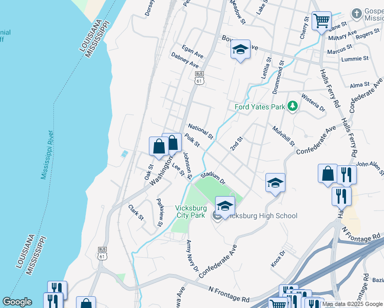 map of restaurants, bars, coffee shops, grocery stores, and more near 3701 Drummond Street in Vicksburg